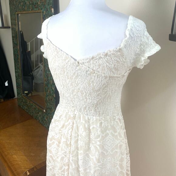 Aakaa Sz S Lace Smocked Dress Cream Ivory Short Sleeve Long Wedding Bridal - Picture 9 of 15